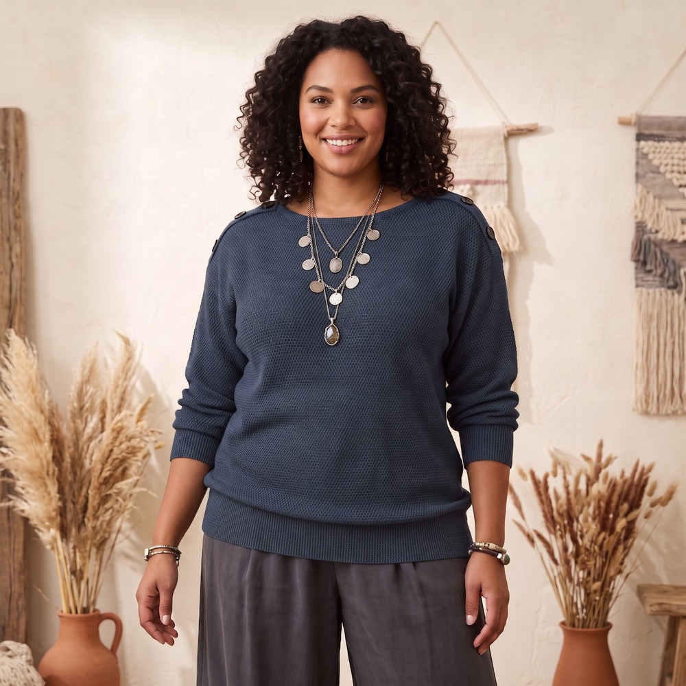 French Laundry Blue Textured Knit Pullover Tunic Top Button Detail Cozy Cabin 2X